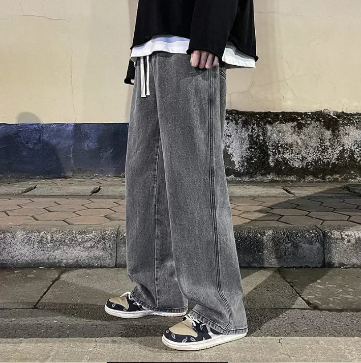 2025 New Streetwear Loose Jeans Men Korean Style Fashion Loose Straight Wide Leg Pants Men's Brand Clothing Black Light Blue
