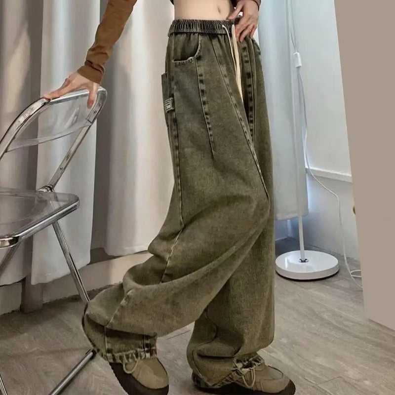 Unisex Denim Jeans Loose Jeans Vintage Wide Leg Denim Jeans with Elastic Waist Crotch Pockets Women's Streetwear Fashion for Hop