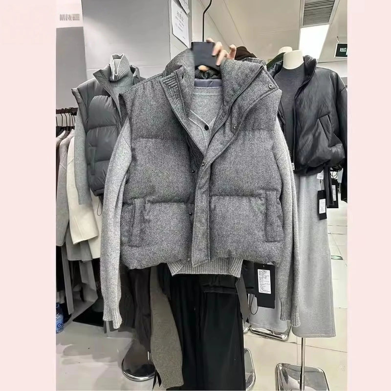 Korea Chic Streetwear Personalized Vest Short Parkas Casual Elegant Waistcoat  Coat  High Street Moda All-match Women Jacket