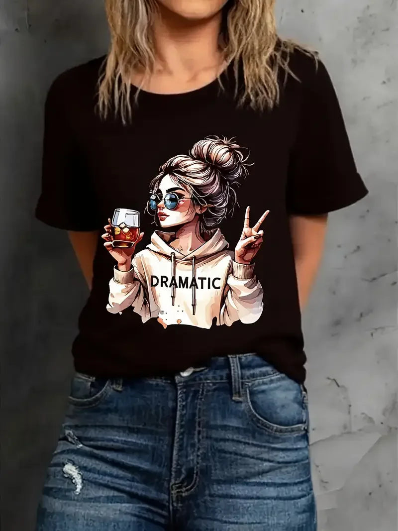 Streetwear 90s Women'S Casual Graphic T-Shirt  "Dramatic" Print with Wine Print Short Sleeve T Shirt Clothing Top Tee
