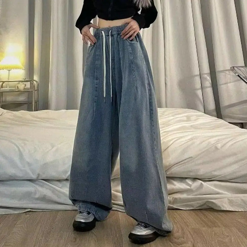 Unisex Denim Jeans Loose Jeans Vintage Wide Leg Denim Jeans with Elastic Waist Crotch Pockets Women's Streetwear Fashion for Hop