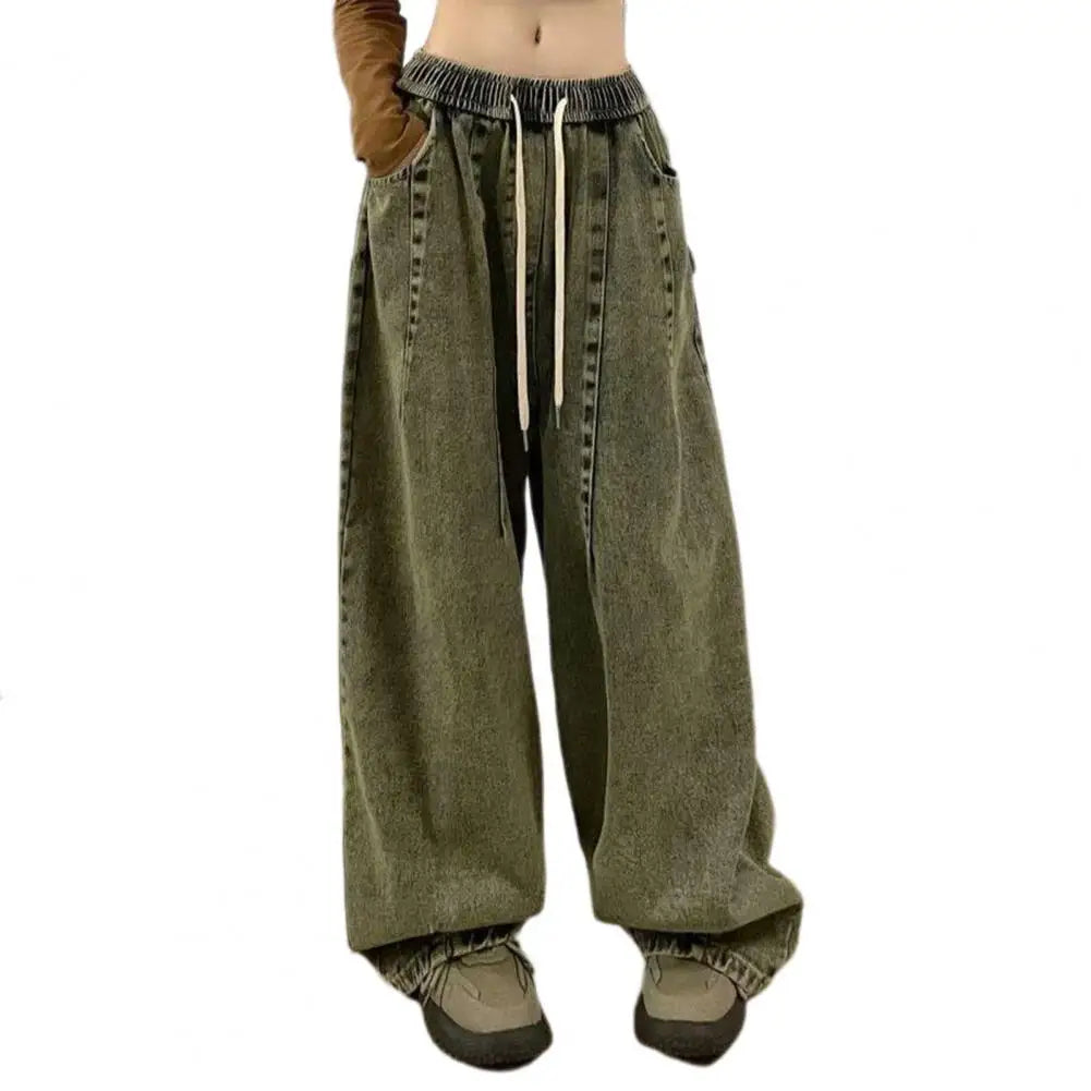 Loose Jeans Unisex Denim Jeans Vintage Wide Leg Denim Jeans with Elastic Waist Deep Crotch Pockets Women's Streetwear for Hip