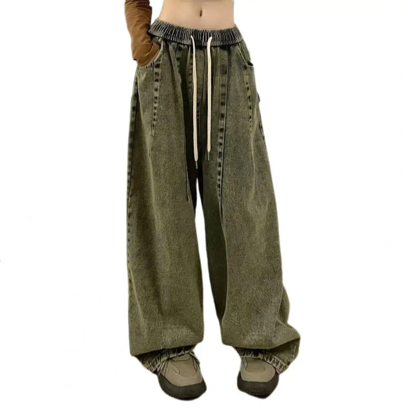 Loose Jeans Unisex Denim Jeans Vintage Wide Leg Denim Jeans with Elastic Waist Deep Crotch Pockets Women's Streetwear for Hip