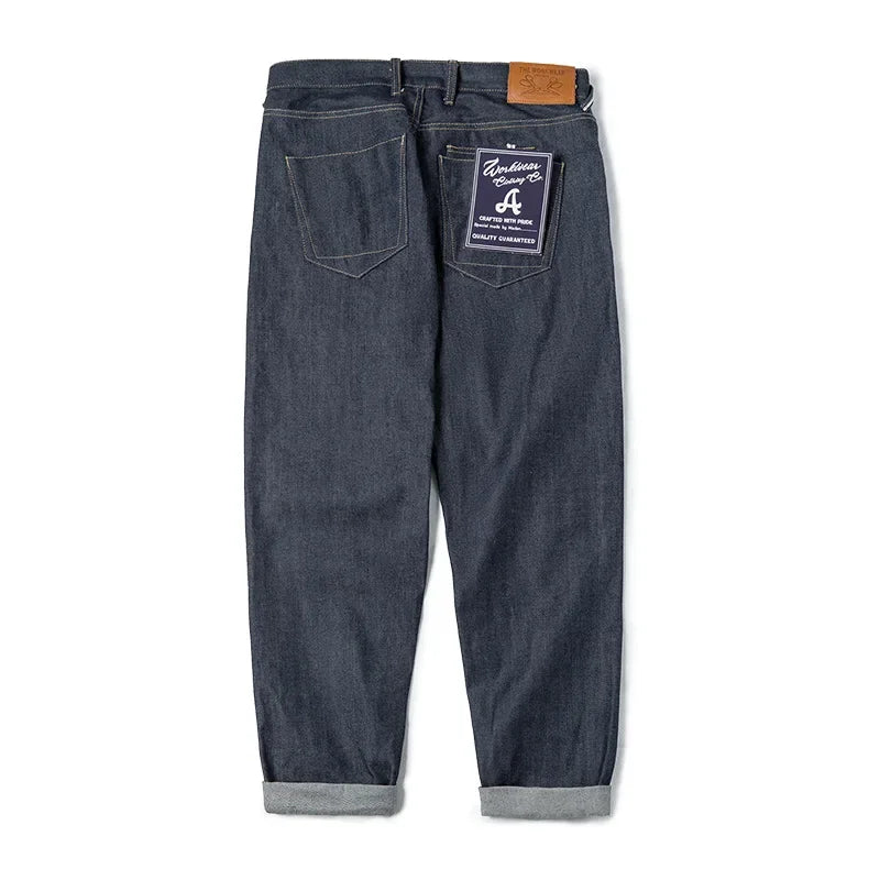 Maden Vintage Raw Denim Jeans for Men Cargo Selvedge Denim Jeans Slim Fit Straight Trousers 13.5OZ Mid Waist Dark Blue Pants