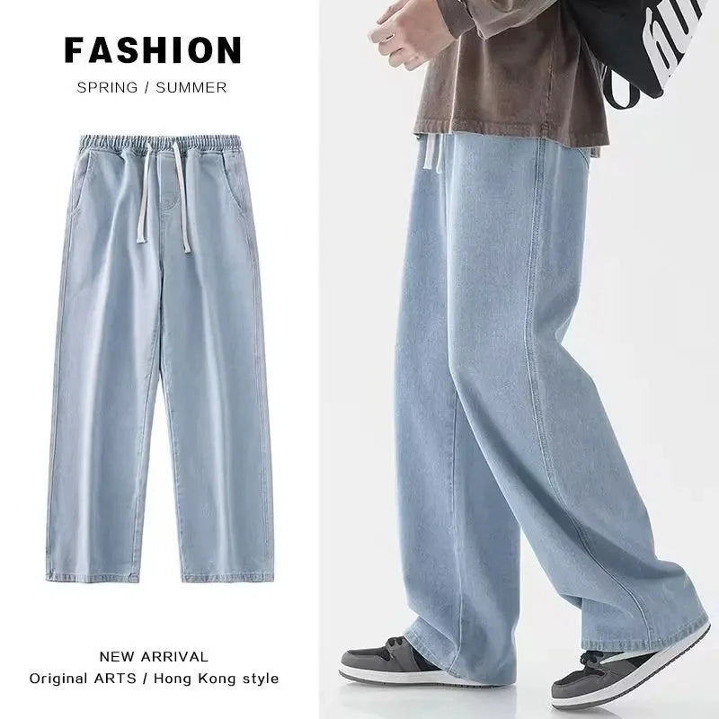 2025 New Streetwear Loose Jeans Men Korean Style Fashion Loose Straight Wide Leg Pants Men's Brand Clothing Black Light Blue 3XL