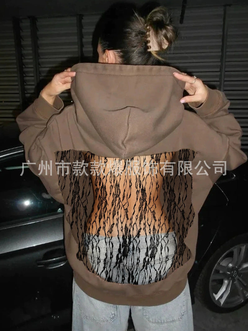 Streetwear Trendy Hoodie Women Fashion Solid Color See Through Backless Hooded Pullover Sweatshirt Female High Street 2025 New