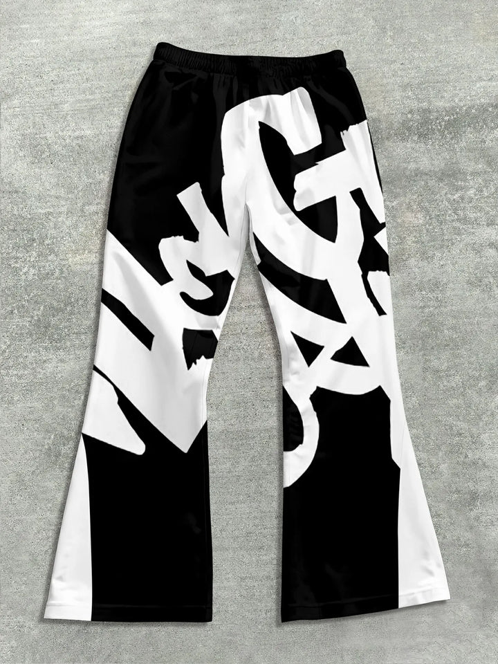 Men’s Black & White Cross Print Flared Sweatpants