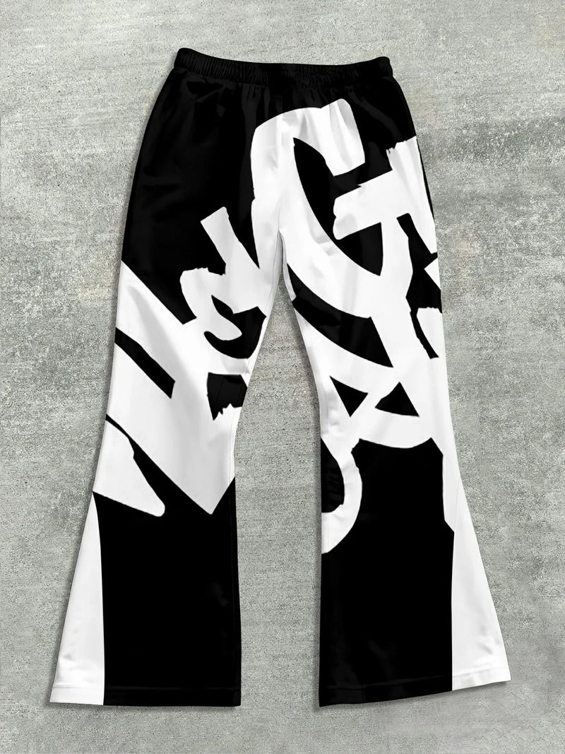 Men’s Black & White Cross Print Flared Sweatpants