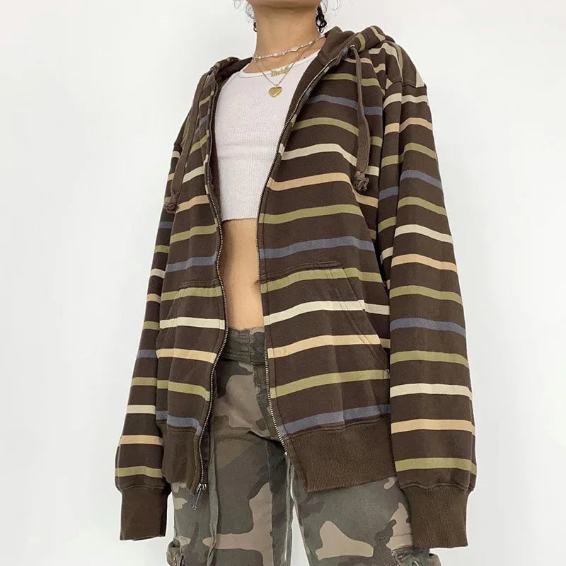 Women Zip Up Drawstring Hoodie Casual Striped Long Sleeve Sweatshirt Jacket Autumn Streetwear