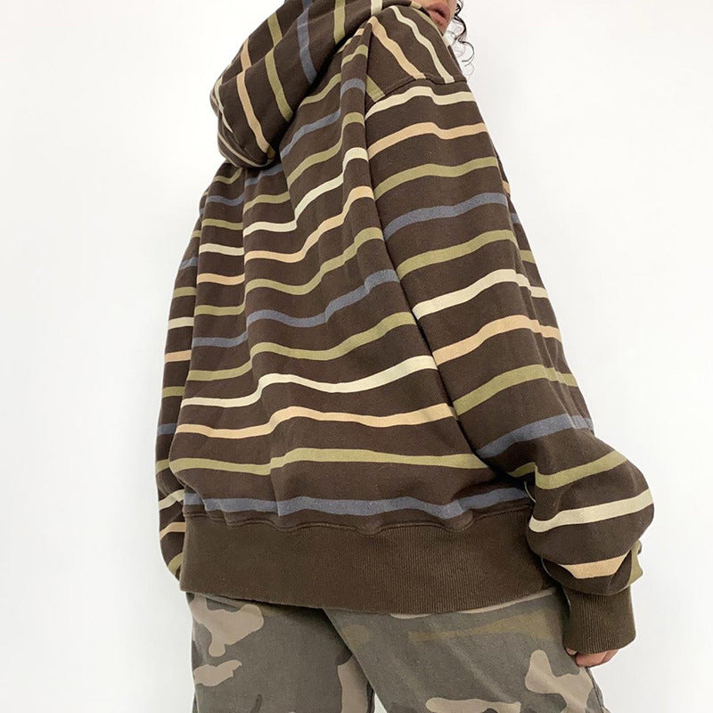 Women Zip Up Drawstring Hoodie Casual Striped Long Sleeve Sweatshirt Jacket Autumn Streetwear