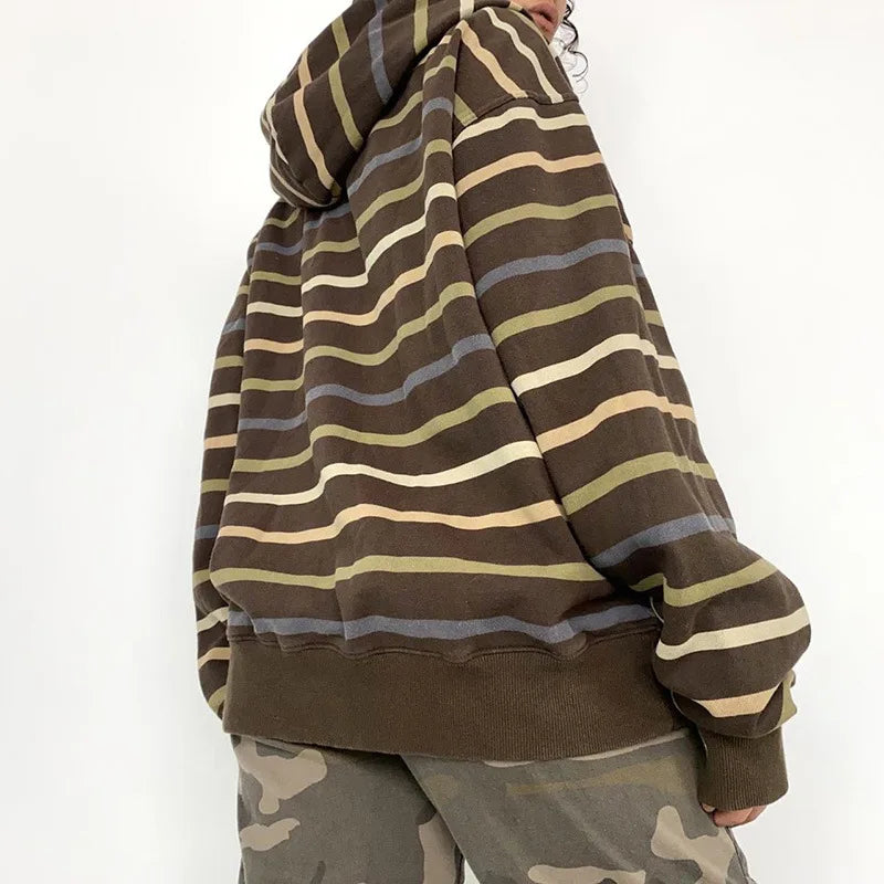 Women Zip Up Drawstring Hoodie Casual Striped Long Sleeve Sweatshirt Jacket Autumn Streetwear