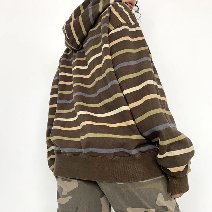 Women Zip Up Drawstring Hoodie Casual Striped Long Sleeve Sweatshirt Jacket Autumn Streetwear