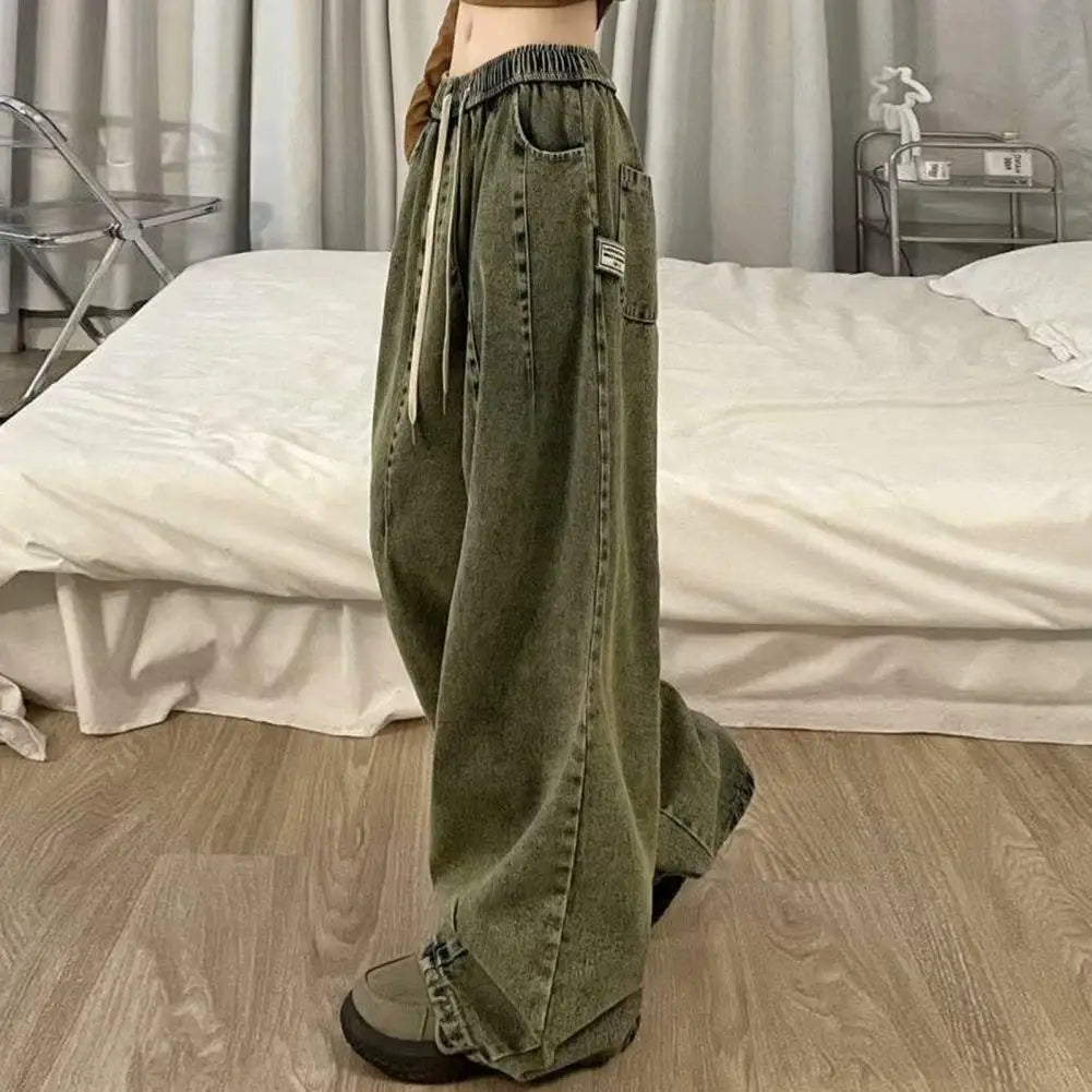 Loose Jeans Unisex Denim Jeans Vintage Wide Leg Denim Jeans with Elastic Waist Deep Crotch Pockets Women's Streetwear for Hip