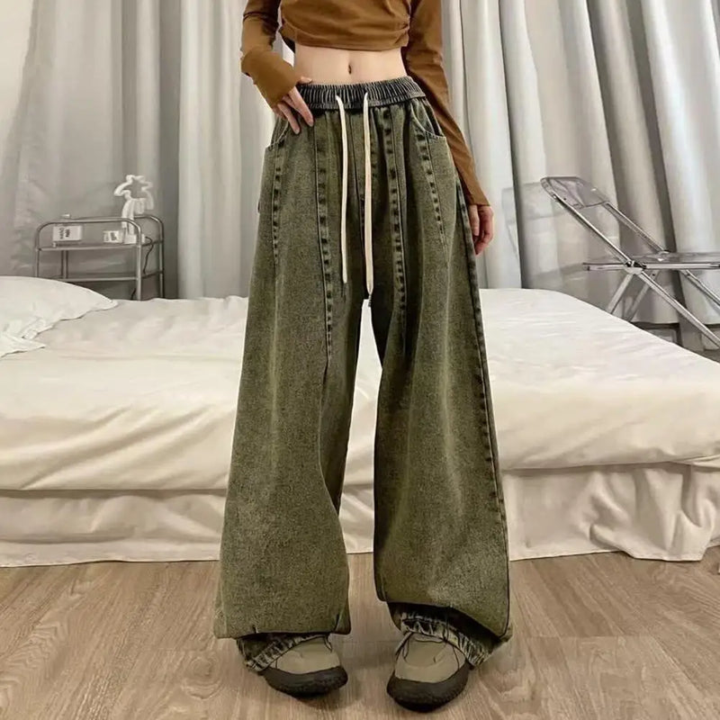 Loose Jeans Unisex Denim Jeans Vintage Wide Leg Denim Jeans with Elastic Waist Deep Crotch Pockets Women's Streetwear for Hip