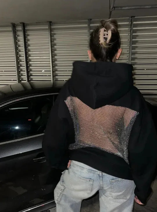 Streetwear Trendy Hoodie Women Fashion Solid Color See Through Backless Hooded Pullover Sweatshirt Female High Street 2025 New