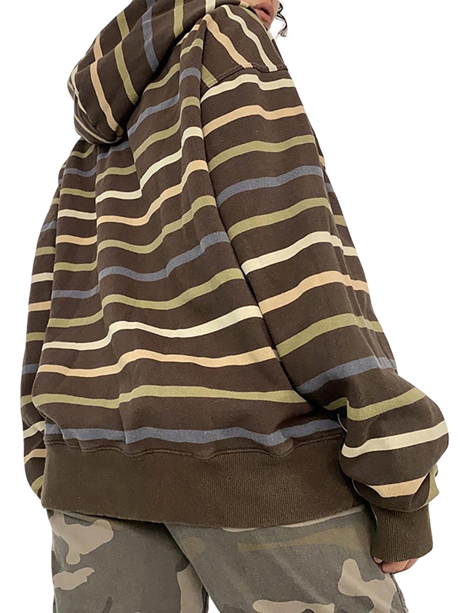 Women Zip Up Drawstring Hoodie Casual Striped Long Sleeve Sweatshirt Jacket Autumn Streetwear