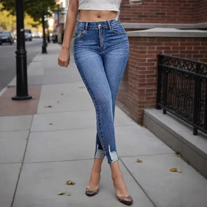 Women Vintage High Waist Denim Jeans Ripped Hole Pencil Pants