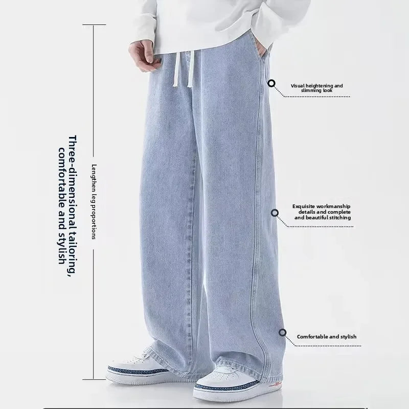 2025 New Streetwear Loose Jeans Men Korean Style Fashion Loose Straight Wide Leg Pants Men's Brand Clothing Black Light Blue