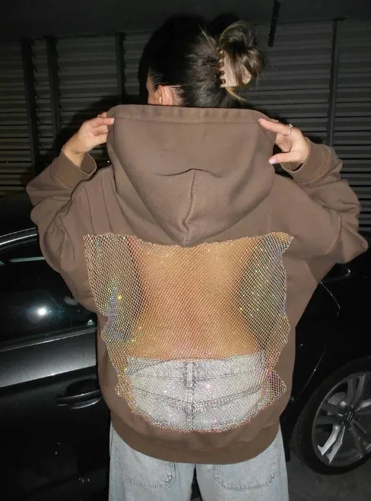 Streetwear Trendy Hoodie Women Fashion Solid Color See Through Backless Hooded Pullover Sweatshirt Female High Street 2025 New
