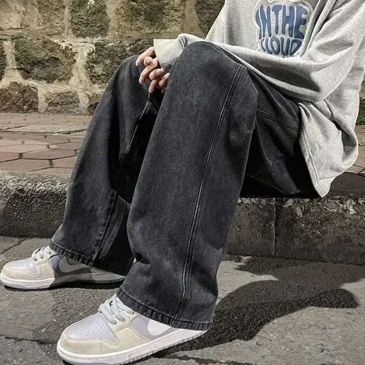 2025 New Streetwear Loose Jeans Men Korean Style Fashion Loose Straight Wide Leg Pants Men's Brand Clothing Black Light Blue