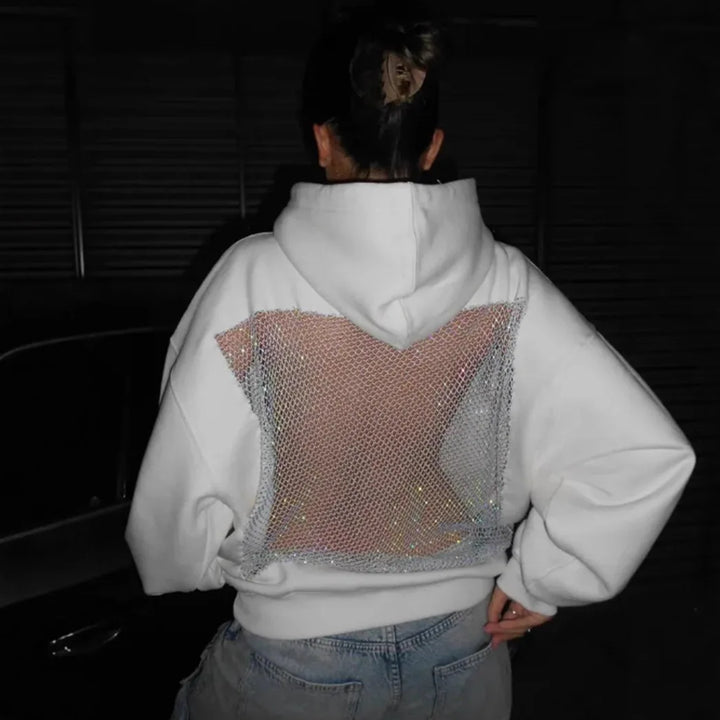 Streetwear Trendy Hoodie Women Fashion Solid Color See Through Backless Hooded Pullover Sweatshirt Female High Street 2025 New
