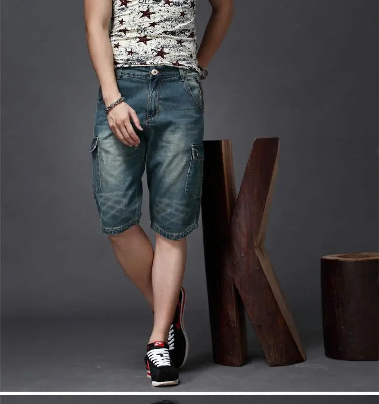 Summer Fashion Denim Jeans for Men Designer Knee Length Shorts Capri Loose Straight Leg Slim Casual Punk Workwear Cargo Shorts