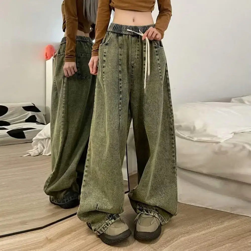 Unisex Denim Jeans Loose Jeans Vintage Wide Leg Denim Jeans with Elastic Waist Crotch Pockets Women's Streetwear Fashion for Hop