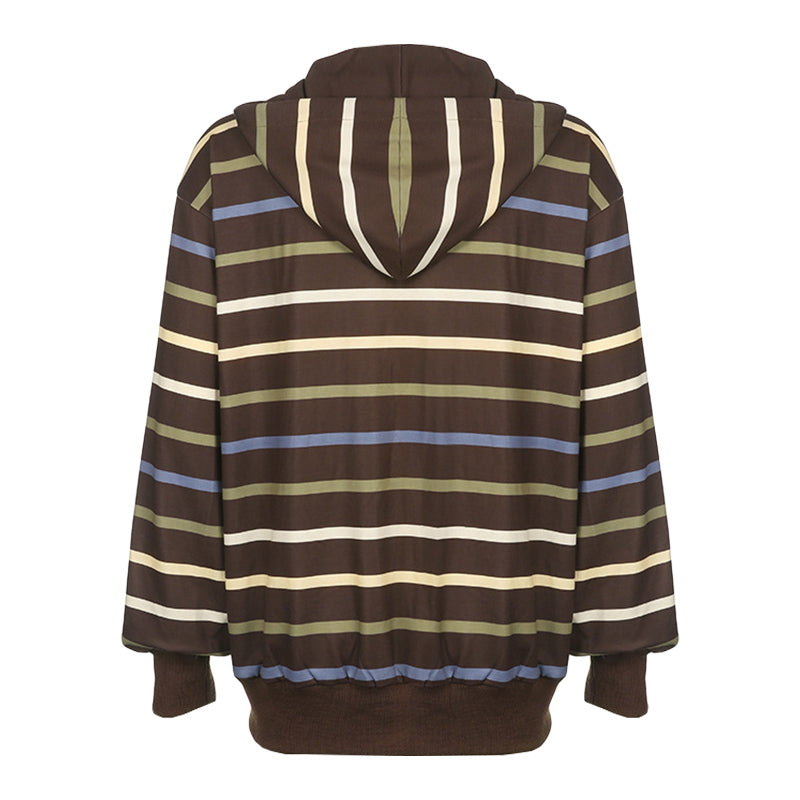 Women Zip Up Drawstring Hoodie Casual Striped Long Sleeve Sweatshirt Jacket Autumn Streetwear