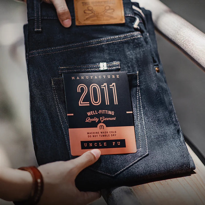 Maden Vintage Raw Denim Jeans for Men Cargo Selvedge Denim Jeans Slim Fit Straight Trousers 13.5OZ Mid Waist Dark Blue Pants