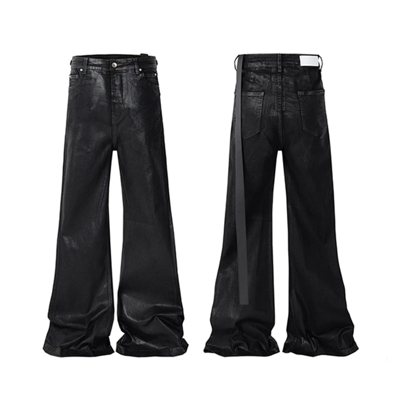 Streetwear Black Wax Leather Strecth Jeans for Men Ropa Hombre Baggy Y2k Flare Pants Oversized Straight Denim Trousers
