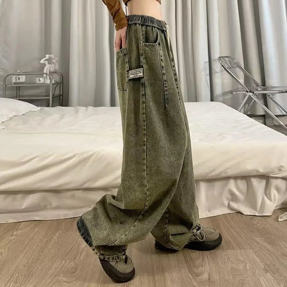 Unisex Denim Jeans Loose Jeans Vintage Wide Leg Denim Jeans with Elastic Waist Crotch Pockets Women's Streetwear Fashion for Hop