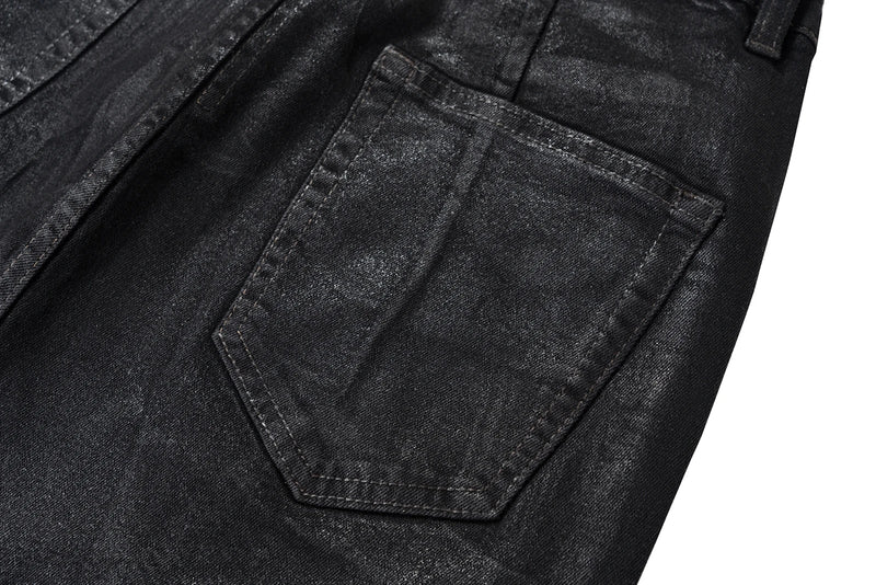Streetwear Black Wax Leather Strecth Jeans for Men Ropa Hombre Baggy Y2k Flare Pants Oversized Straight Denim Trousers