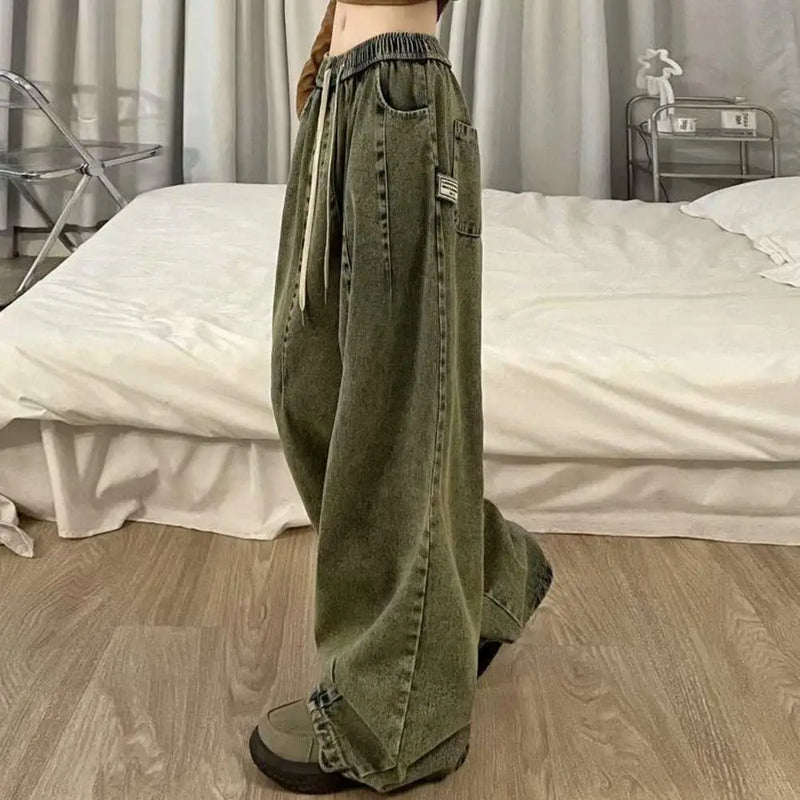 Unisex Denim Jeans Loose Jeans Vintage Wide Leg Denim Jeans with Elastic Waist Crotch Pockets Women's Streetwear Fashion for Hop