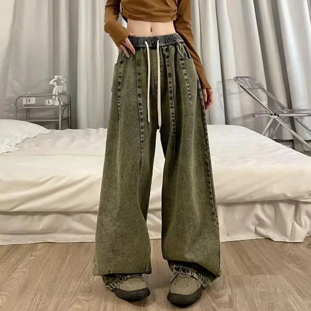 Unisex Denim Jeans Loose Jeans Vintage Wide Leg Denim Jeans with Elastic Waist Crotch Pockets Women's Streetwear Fashion for Hop
