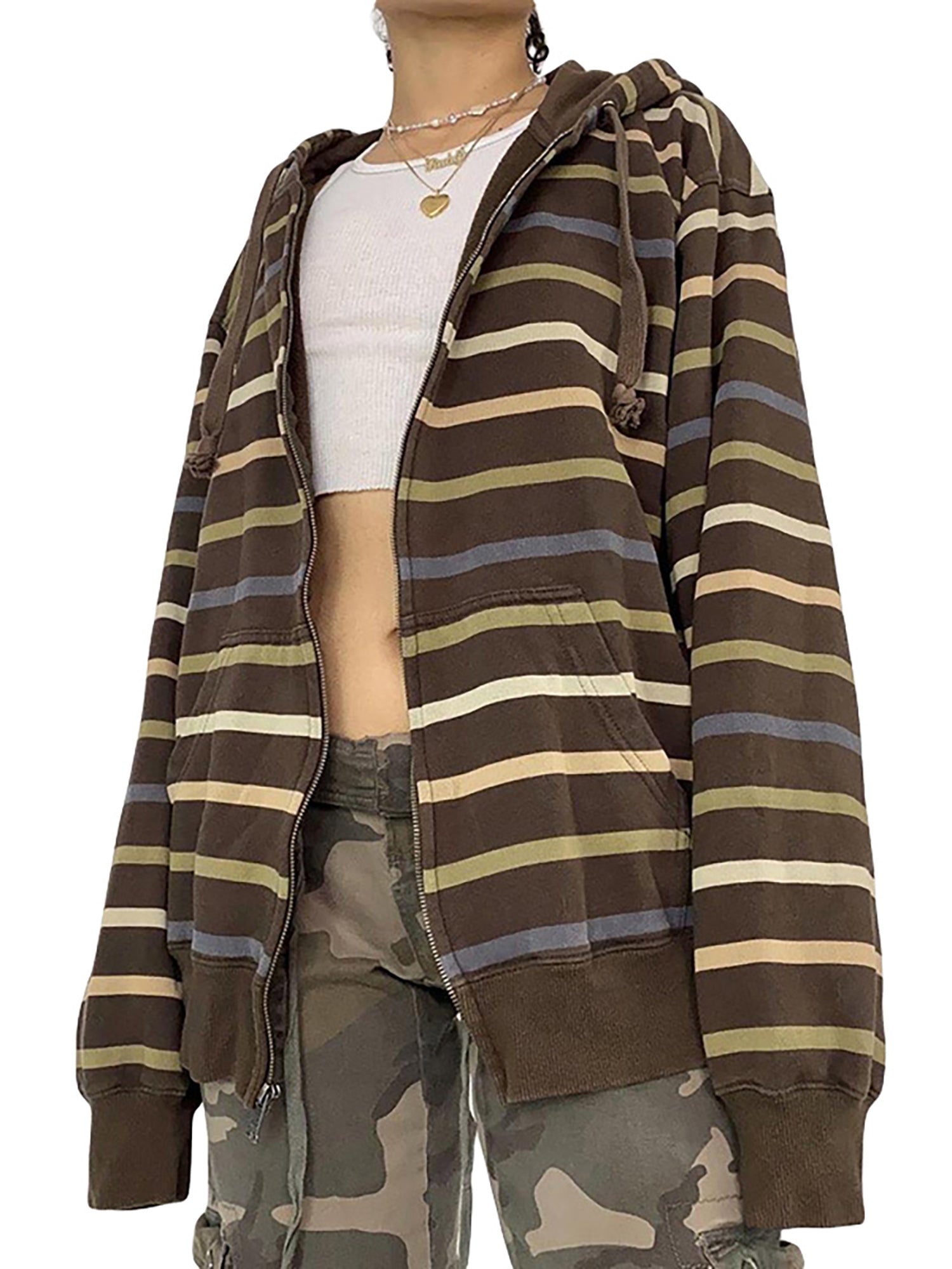 Women Zip Up Drawstring Hoodie Casual Striped Long Sleeve Sweatshirt Jacket Autumn Streetwear