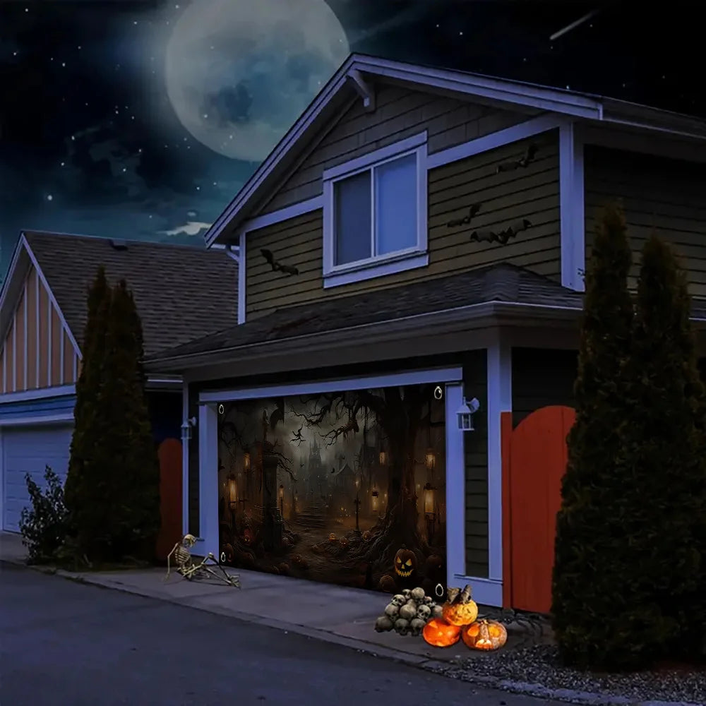 1 Halloween garage door banner, featuring horror town and pumpkin head design, with multiple sizes to choose from