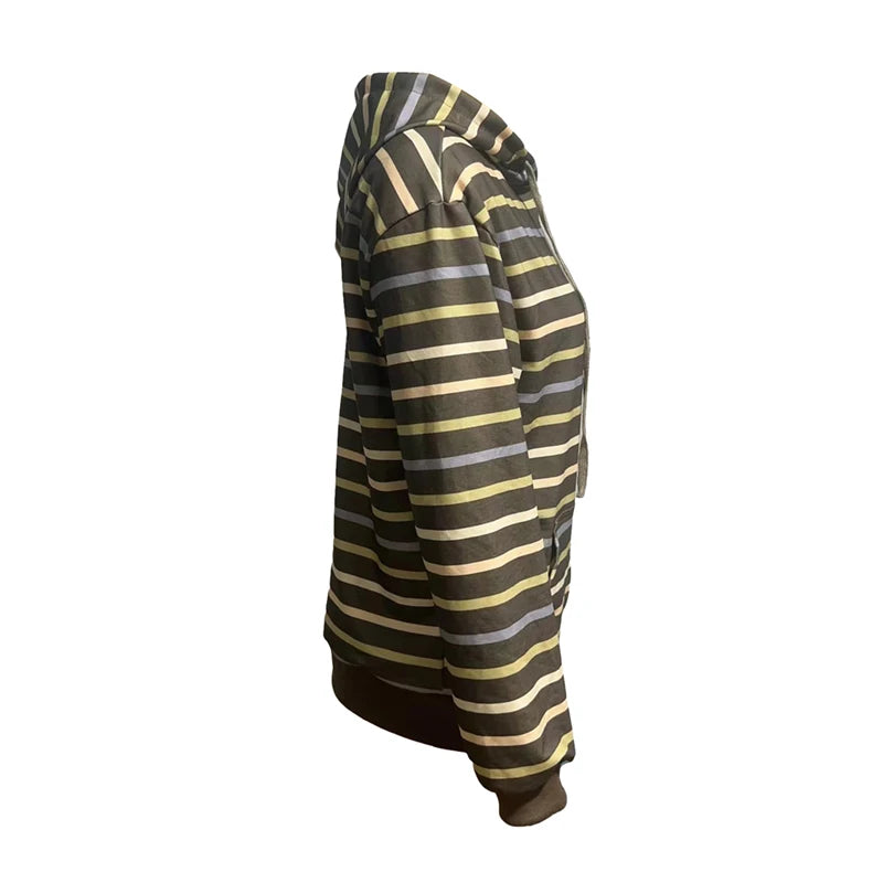 Women Zip Up Drawstring Hoodie Casual Striped Long Sleeve Sweatshirt Jacket Autumn Streetwear