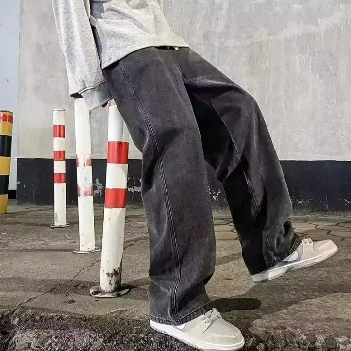 2025 New Streetwear Loose Jeans Men Korean Style Fashion Loose Straight Wide Leg Pants Men's Brand Clothing Black Light Blue