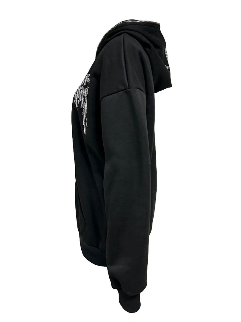 Men Women Hoodie Long Sleeve Hot Fix Drill Zipper Closure Sweatshirt Jacket with Pockets