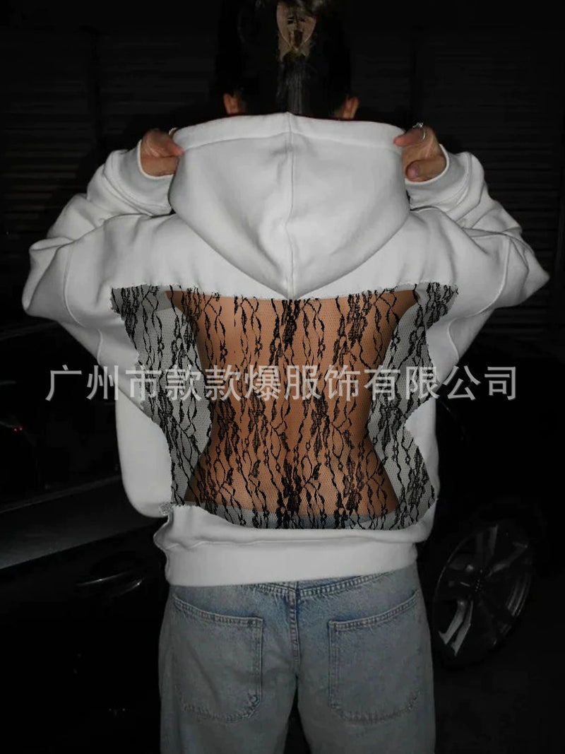 Streetwear Trendy Hoodie Women Fashion Solid Color See Through Backless Hooded Pullover Sweatshirt Female High Street 2025 New