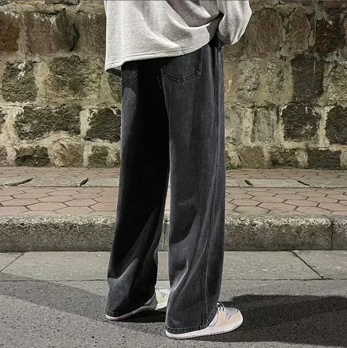 2025 New Streetwear Loose Jeans Men Korean Style Fashion Loose Straight Wide Leg Pants Men's Brand Clothing Black Light Blue