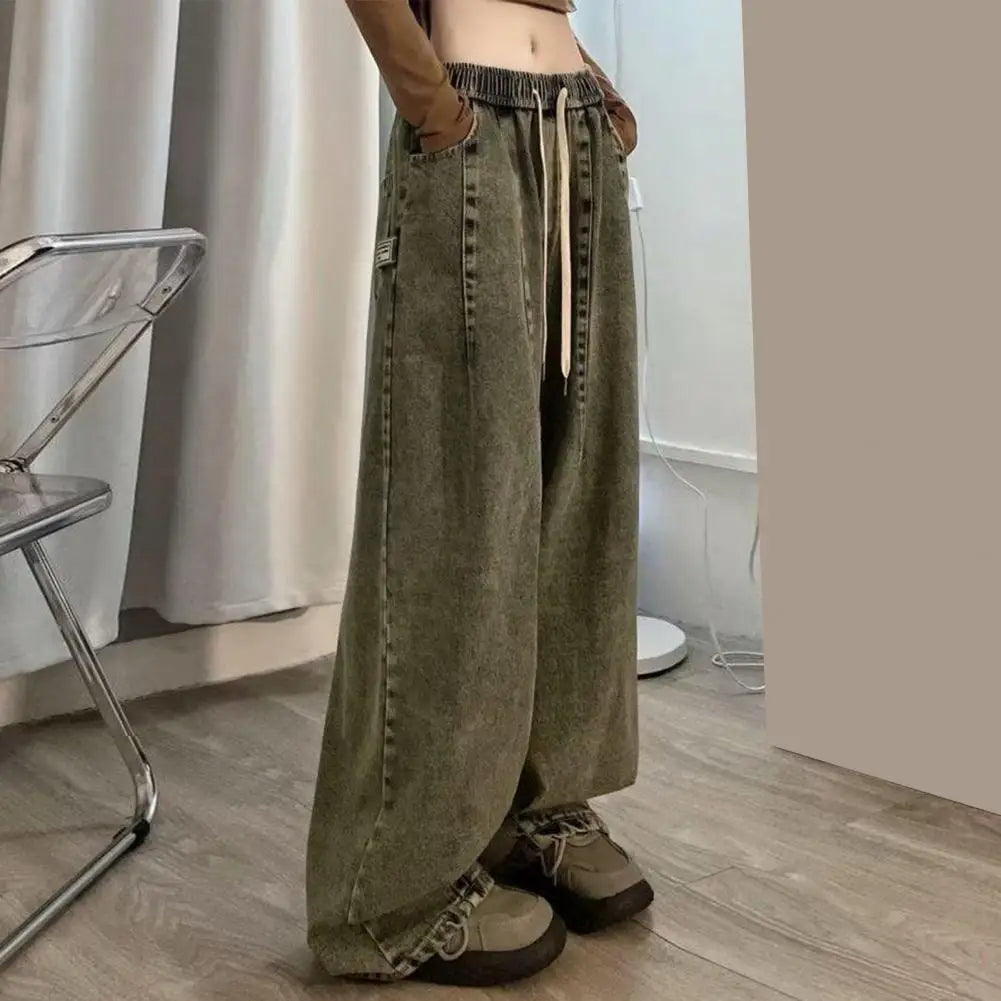 Unisex Denim Jeans Loose Jeans Vintage Wide Leg Denim Jeans with Elastic Waist Crotch Pockets Women's Streetwear Fashion for Hop