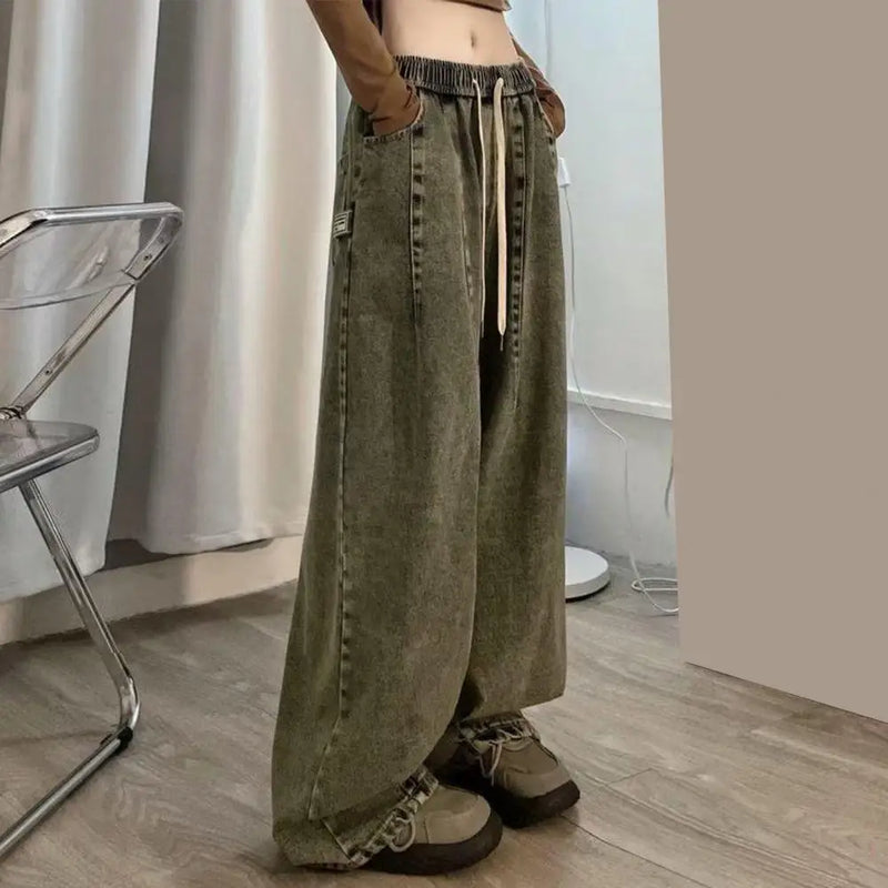 Unisex Denim Jeans Loose Jeans Vintage Wide Leg Denim Jeans with Elastic Waist Crotch Pockets Women's Streetwear Fashion for Hop