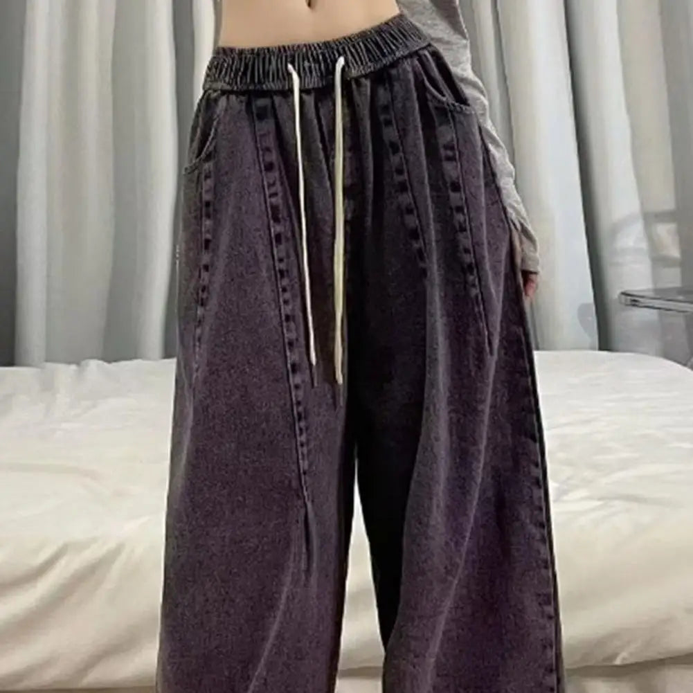 Unisex Denim Jeans Loose Jeans Vintage Wide Leg Denim Jeans with Elastic Waist Crotch Pockets Women's Streetwear Fashion for Hop
