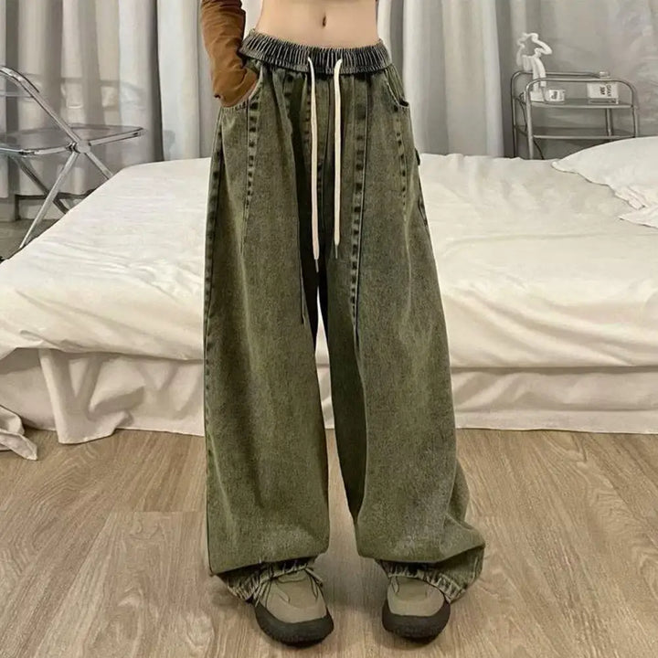 Loose Jeans Unisex Denim Jeans Vintage Wide Leg Denim Jeans with Elastic Waist Deep Crotch Pockets Women's Streetwear for Hip