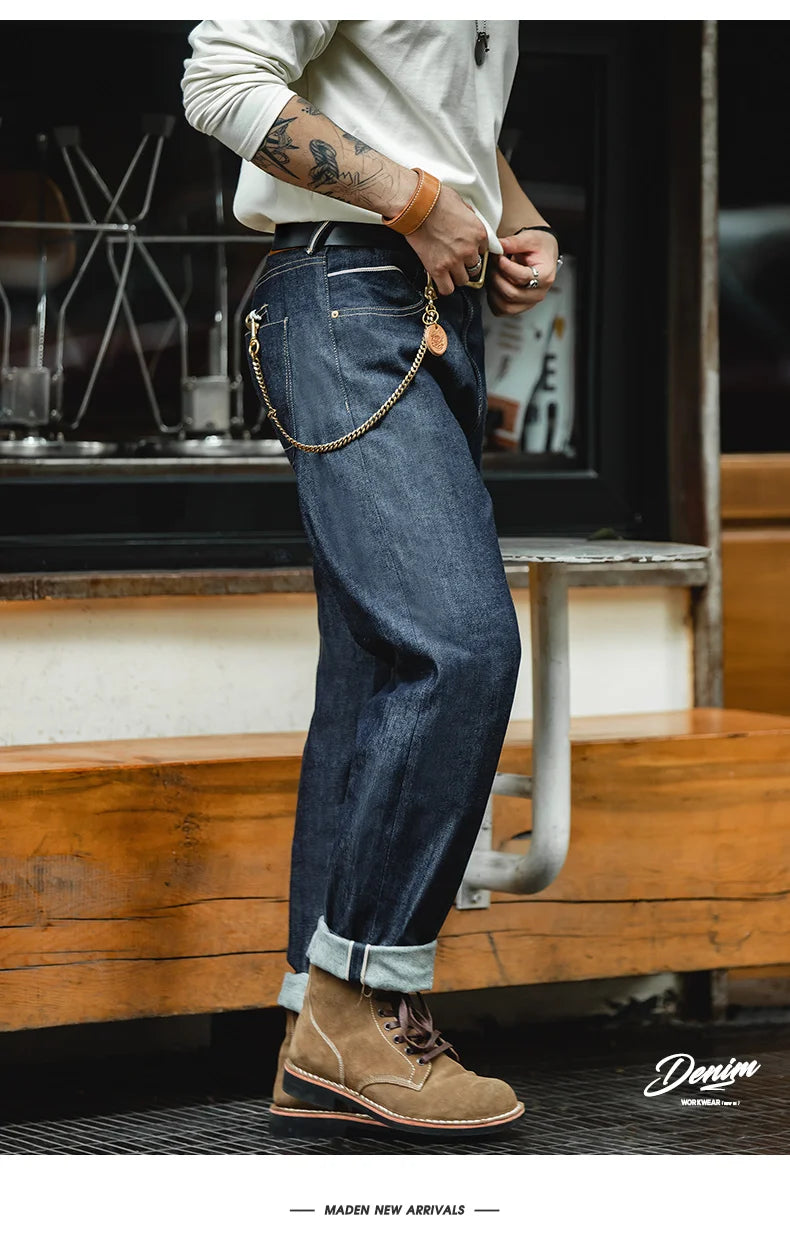 Maden Vintage Raw Denim Jeans for Men Cargo Selvedge Denim Jeans Slim Fit Straight Trousers 13.5OZ Mid Waist Dark Blue Pants