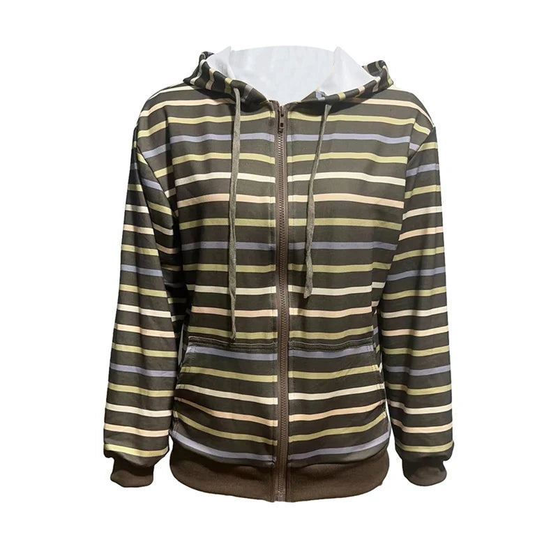 Women Zip Up Drawstring Hoodie Casual Striped Long Sleeve Sweatshirt Jacket Autumn Streetwear