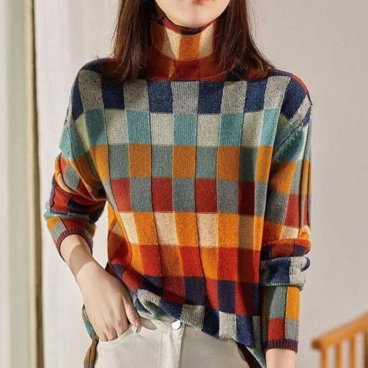 Womens Colorful Plaid Turtleneck Sweater