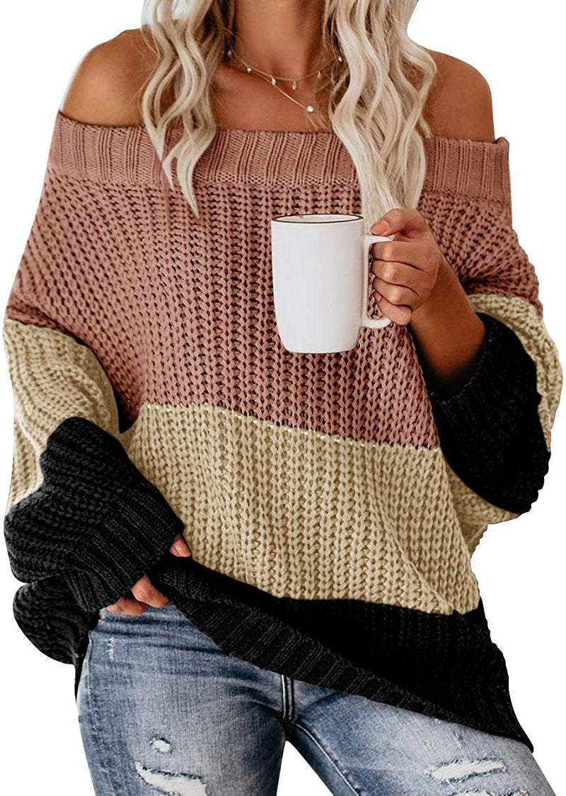 Womens Stitching Knit Sweater Pullover