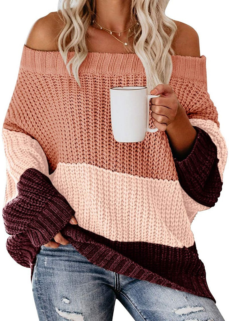 Womens Stitching Knit Sweater Pullover